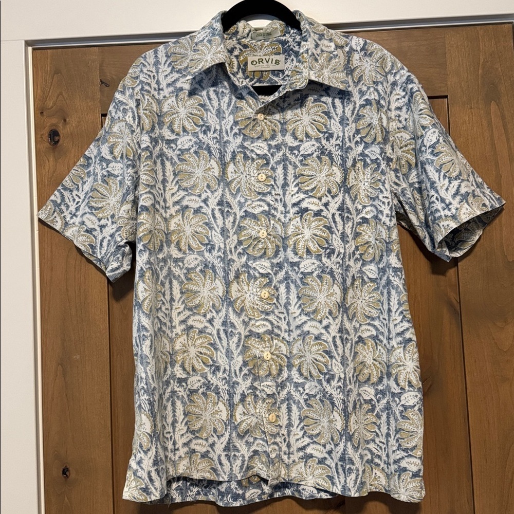 Orvis Mens L button down shirt Tropical Palm print Resort Vacation Beach Cotton